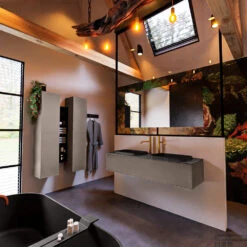 Badkamermeubelset Mondiaz Erin 150 Cm Met 1 Lade Met RIDGE Wastafel Dubbel Urban Met 2 Kraangaten Greeploos Mat Smoke -Geberiter Meubels Geschaft erin smoke ridge urban side 0019