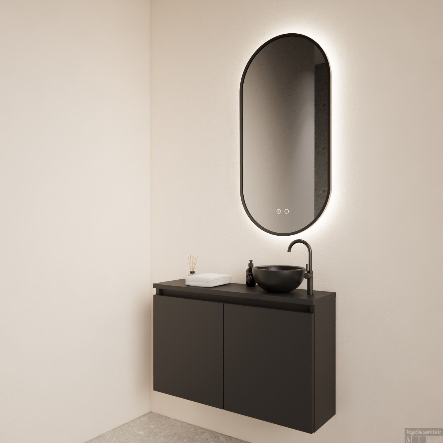 Voorkant -Geberiter Meubels Geschaft fonteinmeubel bws meadow 80x50 cm mat zwart incl. topplaat sfeer