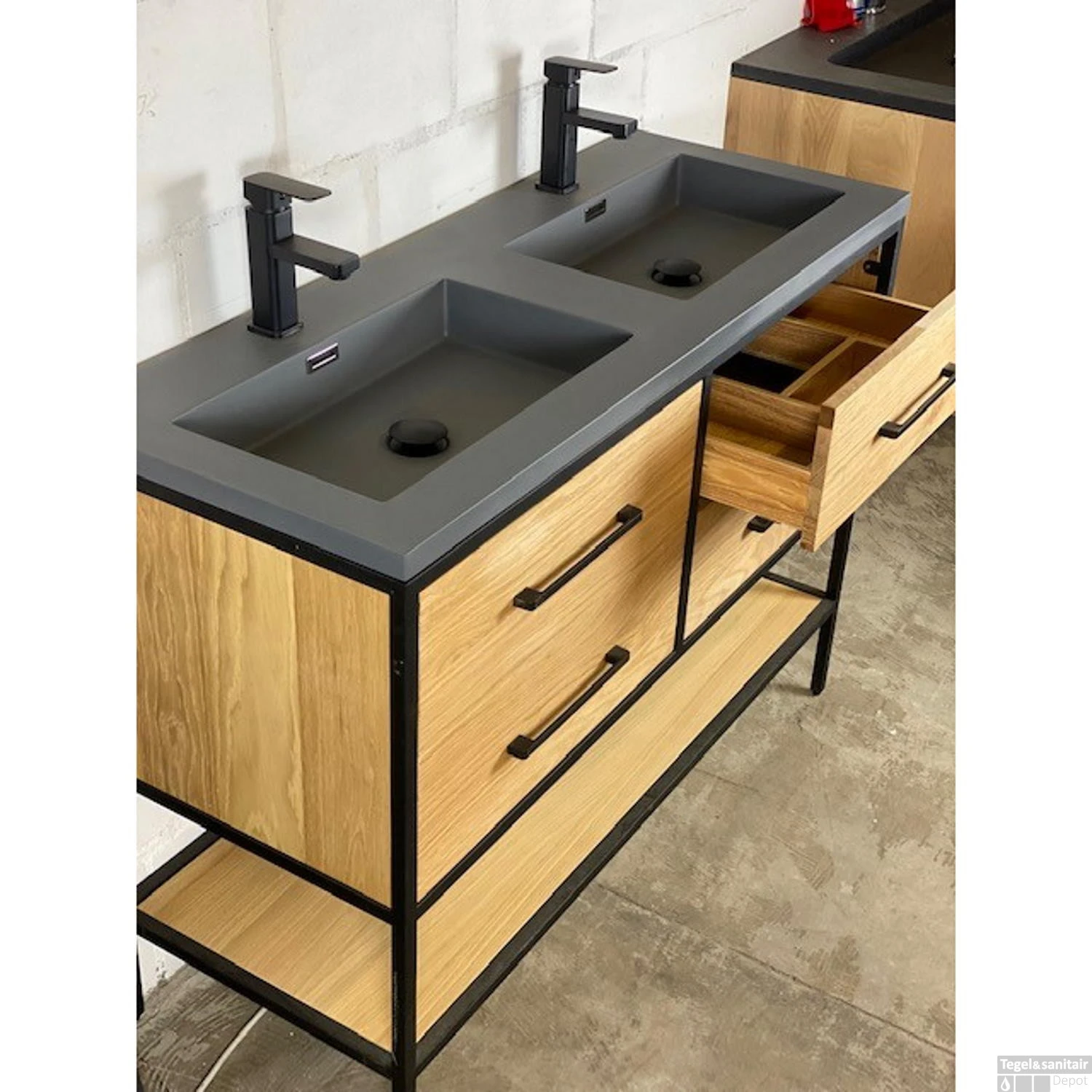 Badkamermeubel Casajoy Miami 120x46x90cm Eiken 4 Lades Met Artificial Stone Wastafel Grijs 4 Badkamermeubel Casajoy Miami 120x46x90cm Eiken 4 Lades Met Artificial Stone Wastafel Grijs - Afbeelding 2