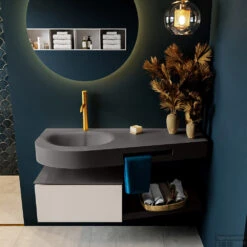MONDIAZ RIVA 120cm Badmeubel Onderkast / Planchet Kleur Linen Met 1 Lade. Wastafel DULCET Links 1 Kraangat Kleur Dark_Grey.