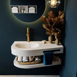 MONDIAZ RIVA 100cm Wastafel Met Planchet Kleur Talc. Wastafel DULCET Links 1 Kraangaten Kleur Talc.