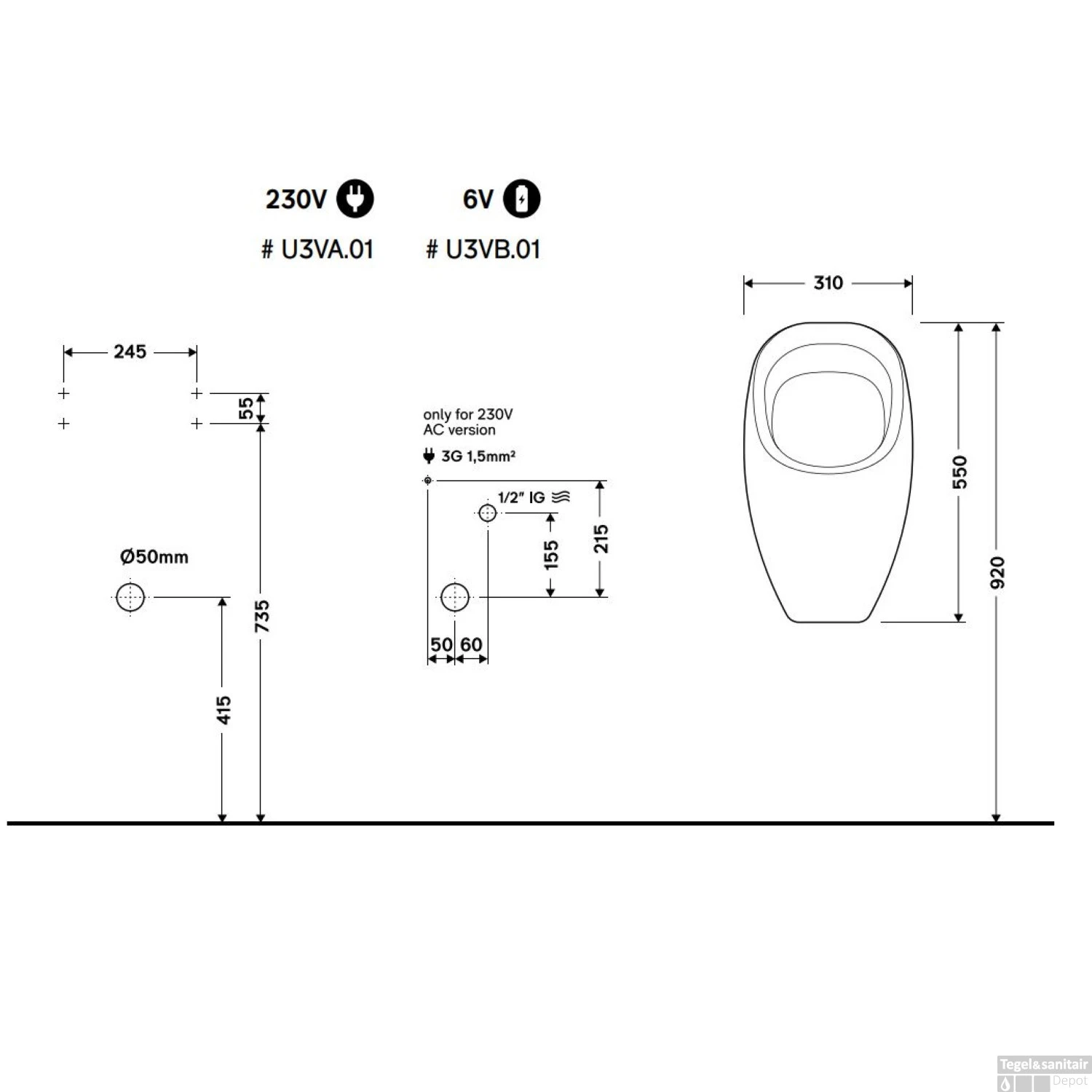 Urinoir Ipee U3 Dome Keramiek Instelbaar Spoelvolume Achterinlaat 55x31x31.5 Cm Wit - Afbeelding 5