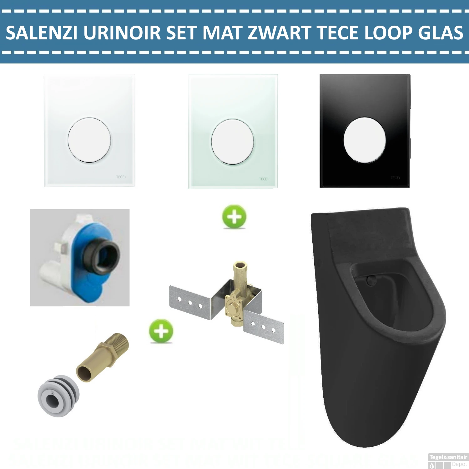 Urinoir Set Salenzi Hung Achterinlaat Mat Zwart Met TECE Loop Drukplaat Glas