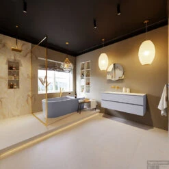 MONDIAZ VICA-DLUX 120cm Badmeubel Onderkast Cale 2 Lades. Inbouw Wastafel CLOUD Links Zonder Kraangat, Kleur Frappe, En Spiegel Model SPOT -Geberiter Meubels Geschaft vica dluxe inbouw cloud frappe cale totaal 0021 13132514375400