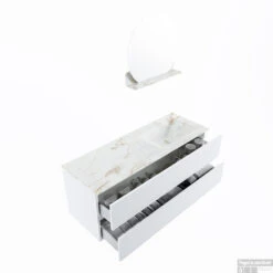 MONDIAZ VICA-DLUX 130cm Badmeubel Onderkast Talc 2 Lades. Inbouw Wastafel CLOUD Rechts Zonder Kraangat, Kleur Frappe, En Spiegel Model SPOT -Geberiter Meubels Geschaft vica dluxe inbouw cloud frappe talc sp google 3 0030