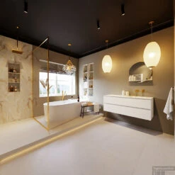 MONDIAZ VICA-DLUX 130cm Badmeubel Onderkast Talc 2 Lades. Inbouw Wastafel CLOUD Rechts Zonder Kraangat, Kleur Frappe, En Spiegel Model SPOT -Geberiter Meubels Geschaft vica dluxe inbouw cloud frappe talc totaal 0030 12507514522038