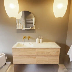 MONDIAZ VICA-DLUX 130cm Badmeubel Onderkast Washed Oak 4 Lades. Inbouw Wastafel CLOUD Links Zonder Kraangat, Kleur Frappe, En Spiegel Model SPOT -Geberiter Meubels Geschaft vica dluxe inbouw cloud frappe washed oak front1 0050