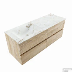 MONDIAZ VICA-DLUX 130cm Badmeubel Onderkast Washed Oak 4 Lades. Inbouw Wastafel CLOUD Links Zonder Kraangat, Kleur Frappe, En Spiegel Model SPOT