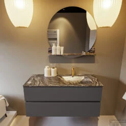 MONDIAZ VICA-DLUX 110cm Badmeubel Onderkast Dark Grey 2 Lades. Inbouw Wastafel CLOUD Rechts 1 Kraangat, Kleur Lava. -Geberiter Meubels Geschaft vica dluxe inbouw cloud lava dark grey front1 0019