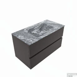 MONDIAZ VICA-DLUX 90cm Badmeubel Onderkast Dark Grey 2 Lades. Inbouw Wastafel CLOUD Midden 1 Kraangat, Kleur Lava, En Spiegel Model SPOT