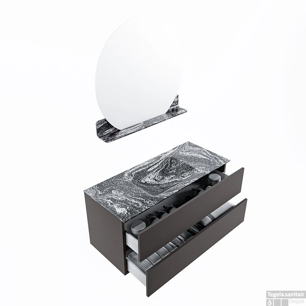 MONDIAZ VICA-DLUX 110cm Badmeubel Onderkast Dark Grey 2 Lades. Inbouw Wastafel CLOUD Midden Zonder Kraangat, Kleur Lava, En Spiegel Model SPOT - Afbeelding 4