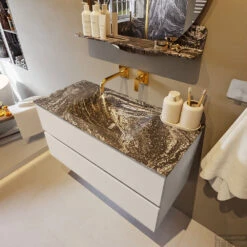 MONDIAZ VICA-DLUX 100cm Badmeubel Onderkast Linen 2 Lades. Inbouw Wastafel CLOUD Midden Zonder Kraangat, Kleur Lava. -Geberiter Meubels Geschaft vica dluxe inbouw cloud lava linen side1 0008 13132514400476