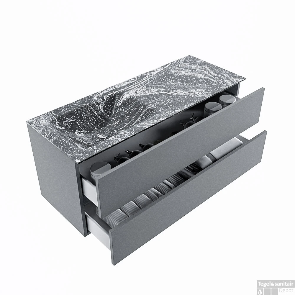 MONDIAZ VICA-DLUX 120cm Badmeubel Onderkast Plata 2 Lades. Inbouw Wastafel CLOUD Links Zonder Kraangat, Kleur Lava. 4 MONDIAZ VICA-DLUX 120cm Badmeubel Onderkast Plata 2 Lades. Inbouw Wastafel CLOUD Links Zonder Kraangat, Kleur Lava. - Afbeelding 2