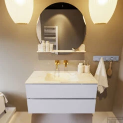 MONDIAZ VICA-DLUX 100cm Badmeubel Onderkast Cale 2 Lades. Inbouw Wastafel CLOUD Midden Zonder Kraangat, Kleur Ostra, En Spiegel Model SPOT -Geberiter Meubels Geschaft vica dluxe inbouw cloud ostra cale front1 0008