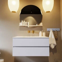 MONDIAZ VICA-DLUX 100cm Badmeubel Onderkast Cale 2 Lades. Inbouw Wastafel CLOUD Midden Zonder Kraangat, Kleur Ostra, En Spiegel Model SPOT -Geberiter Meubels Geschaft vica dluxe inbouw cloud ostra cale front2 0008