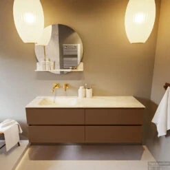 MONDIAZ VICA-DLUX 150cm Badmeubel Onderkast Rust 4 Lades. Inbouw Wastafel CLOUD Links Zonder Kraangat, Kleur Ostra, En Spiegel Model SPOT -Geberiter Meubels Geschaft vica dluxe inbouw cloud ostra rust front1 0056