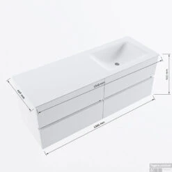 MONDIAZ VICA 130cm Badmeubel Onderkast Army 4 Lades. Wastafel CLOUD Rechts Zonder Kraangat, Kleur Talc. -Geberiter Meubels Geschaft vicadluxe130cm4rightmaattekening 8151264475128