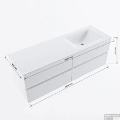 MONDIAZ VICA 140cm Badmeubel Onderkast Cale 4 Lades. Wastafel CLOUD Rechts 1 Kraangat, Kleur Talc. -Geberiter Meubels Geschaft vicadluxe140cm4rightmaattekening 11276264471582