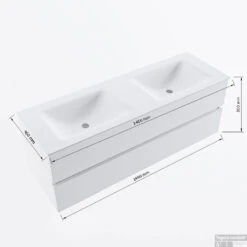 MONDIAZ VICA 140cm Badmeubel Onderkast Rosee 2 Lades. Wastafel CLOUD Dubbel 2 Kraangaten, Kleur Talc. -Geberiter Meubels Geschaft vicadluxe140cmdoublemaattekening 11276264471473