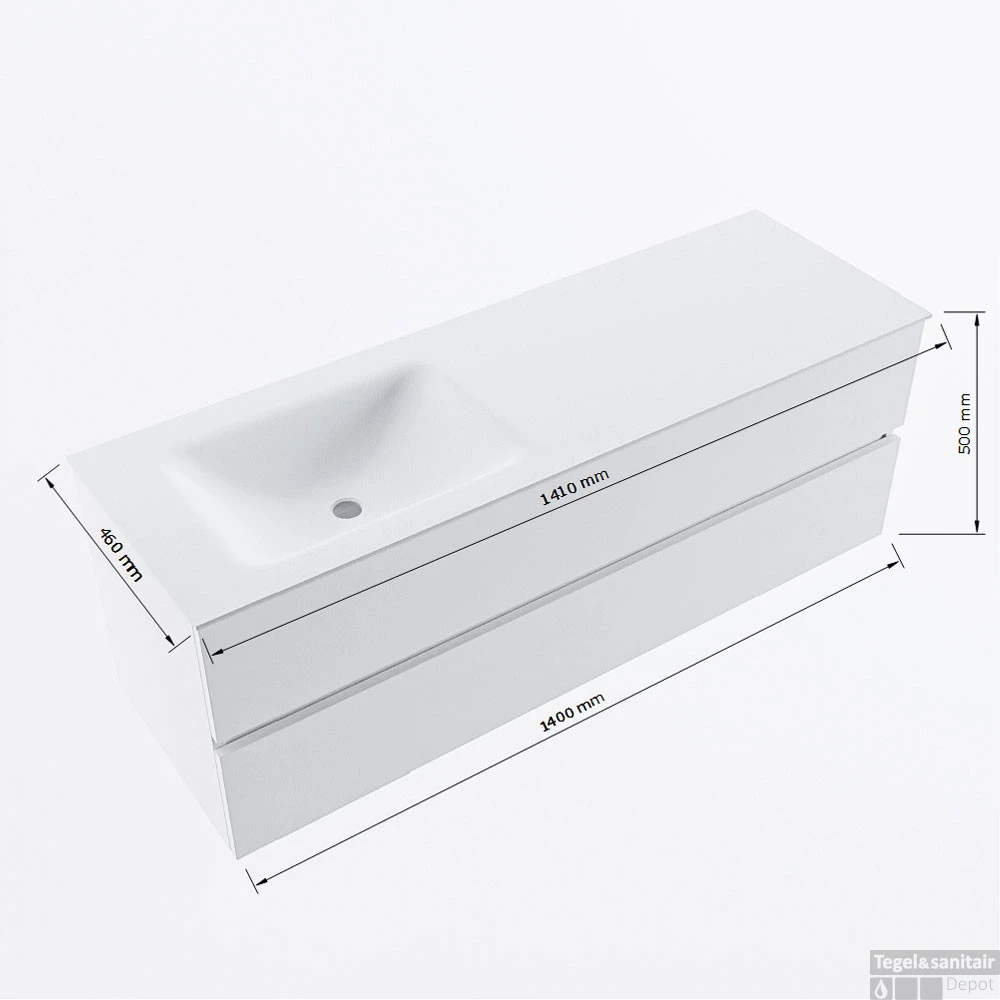 MONDIAZ VICA 140cm Badmeubel Onderkast Rosee 2 Lades. Wastafel CLOUD Links 1 Kraangat, Kleur Talc. 9 MONDIAZ VICA 140cm Badmeubel Onderkast Rosee 2 Lades. Wastafel CLOUD Links 1 Kraangat, Kleur Talc. - Afbeelding 7