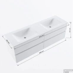MONDIAZ VICA 150cm Badmeubel Onderkast Marquina 4 Lades. Wastafel CLOUD Dubbel 2 Kraangaten, Kleur Talc Met Spiegel LED. -Geberiter Meubels Geschaft vicadluxe150cm4doublemaattekening 8151264475337