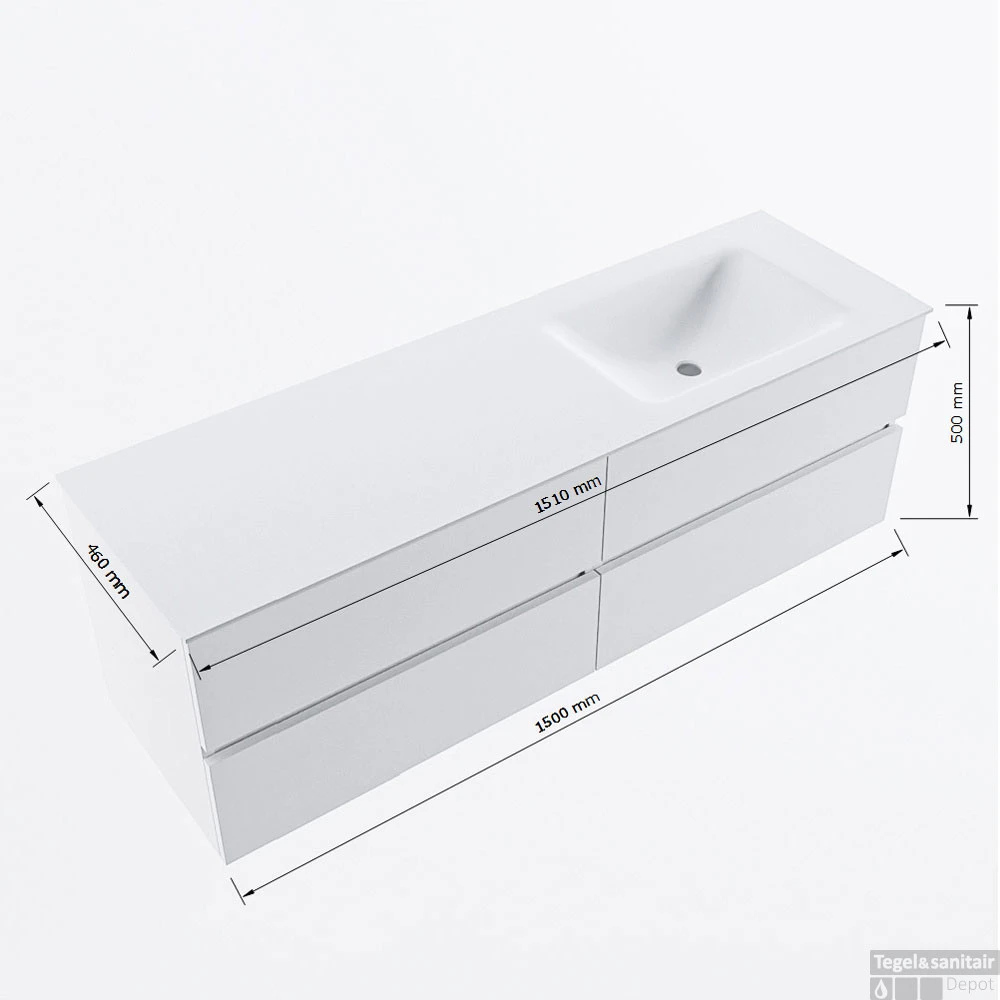 MONDIAZ VICA-DLUX 150cm Badmeubel Onderkast Washed Oak 4 Lades. Inbouw Wastafel CLOUD Rechts 1 Kraangat, Kleur Lava. 9 MONDIAZ VICA-DLUX 150cm Badmeubel Onderkast Washed Oak 4 Lades. Inbouw Wastafel CLOUD Rechts 1 Kraangat, Kleur Lava. - Afbeelding 7