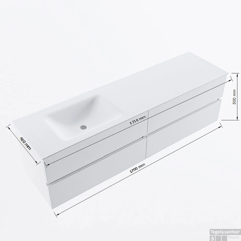 MONDIAZ VICA 170cm Badmeubel Onderkast Fire 4 Lades. Wastafel CLOUD Links 1 Kraangat, Kleur Talc. 9 MONDIAZ VICA 170cm Badmeubel Onderkast Fire 4 Lades. Wastafel CLOUD Links 1 Kraangat, Kleur Talc. - Afbeelding 7