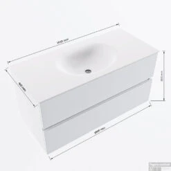 MONDIAZ VICA 100cm Badmeubel Onderkast Rosee 2 Lades. Wastafel Moon Midden Zonder Kraangat, Kleur Talc Met Spiegel LED. -Geberiter Meubels Geschaft vicamoon100midden2maattekening 12526264451147