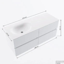 MONDIAZ VICA 120cm Badmeubel Onderkast Rosee 4 Lades. Wastafel MOON Links Zonder Kraangat, Kleur Talc. -Geberiter Meubels Geschaft vicamoon120links4maattekening 12526264451636
