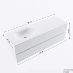 MONDIAZ VICA 140cm Badmeubel Onderkast Rosee 2 Lades. Wastafel Moon Links Zonder Kraangat, Kleur Talc Met Spiegel LED. -Geberiter Meubels Geschaft vicamoon140links2maattekening 12526264452216