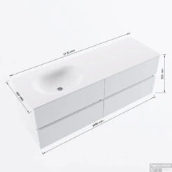 MONDIAZ VICA 140cm Badmeubel Onderkast Washed Oak 4 Lades. Wastafel Moon Links Zonder Kraangat, Kleur Talc Met Spiegel LED. -Geberiter Meubels Geschaft vicamoon140links4maattekening 12526264452032