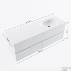 MONDIAZ VICA 140cm Badmeubel Onderkast Carrara 4 Lades. Wastafel Moon Rechts Zonder Kraangat, Kleur Talc Met Spiegel LED. -Geberiter Meubels Geschaft vicamoon140rechts4maattekening 12526264452094