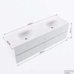 MONDIAZ VICA 160cm Badmeubel Onderkast Carrara 4 Lades. Wastafel Moon Dubbel Zonder Kraangat, Kleur Talc Met Spiegel LED. -Geberiter Meubels Geschaft vicamoon160dubbel4maattekening 12526264453091