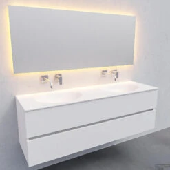 Badkamermeubel Solid Surface BWS Stockholm 150x46 Cm Dubbel Mat Wit (zonder Kraangaten) -Geberiter Meubels Geschaft white wall new s 0043